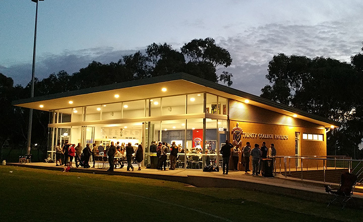 The Trinity College Pavilion at night.