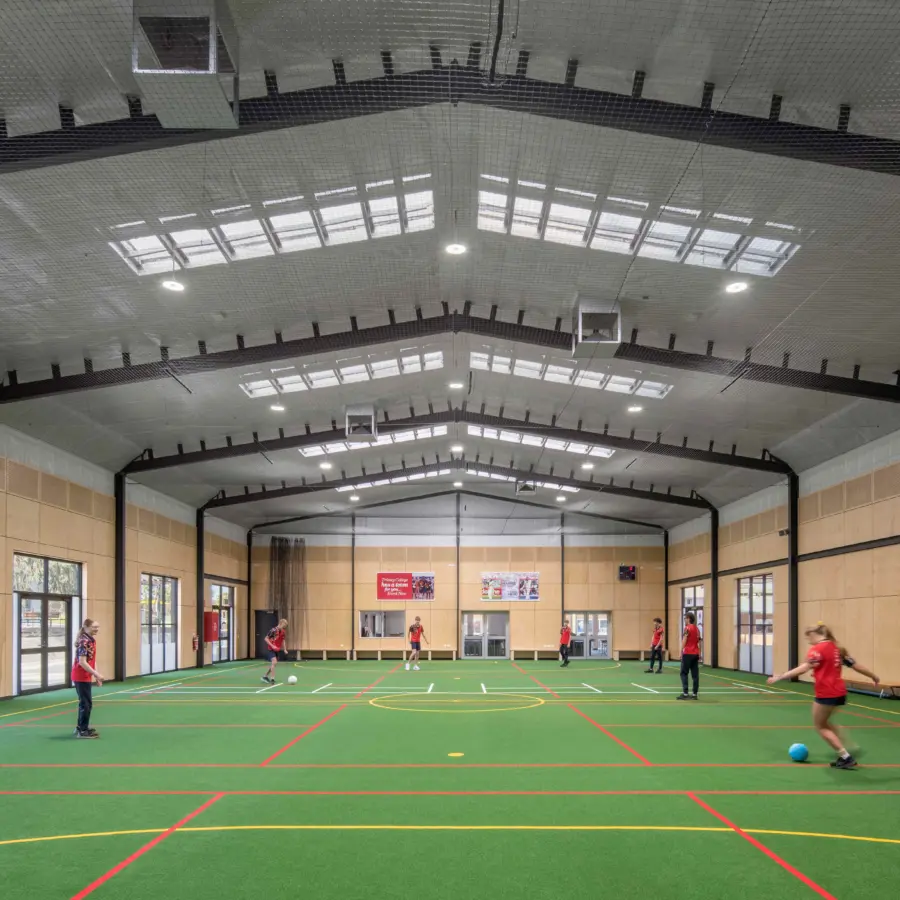Indoor soccer in the Trinity College Harris Head Big Shed
