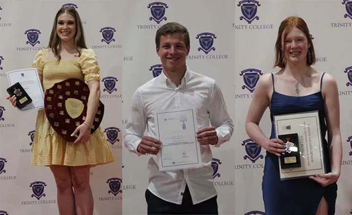 Darcie Hancock with her David Strange Memorial Award, Jakob Schmidtke with his ADF Youth Leadership & Teamwork Award, and Ella Bond with her Vocational Student of the Year.