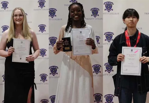 Rachel Savage with the VET Community Achievement Award, Rutendo Maringa with the St Francis Living Faith Award, and Gin Xiao with her CDW Art & Design Award.