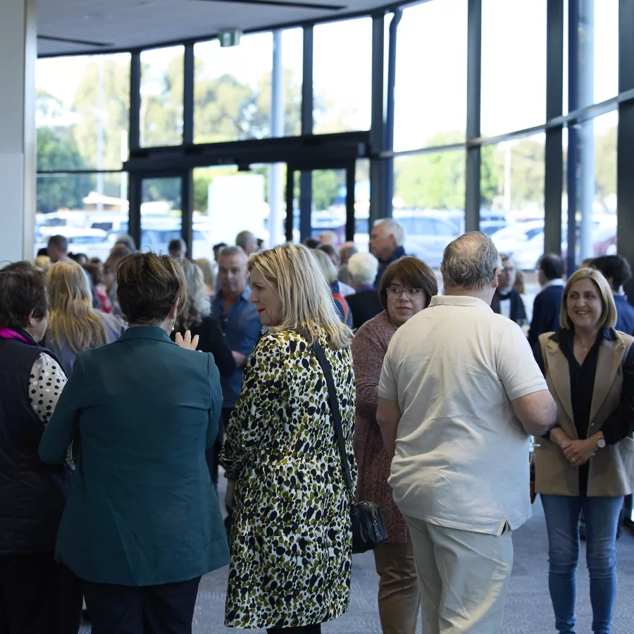 Gathered in the entrance foyer at the new Marnkutyi Parirna (Three Rivers) Theatre.